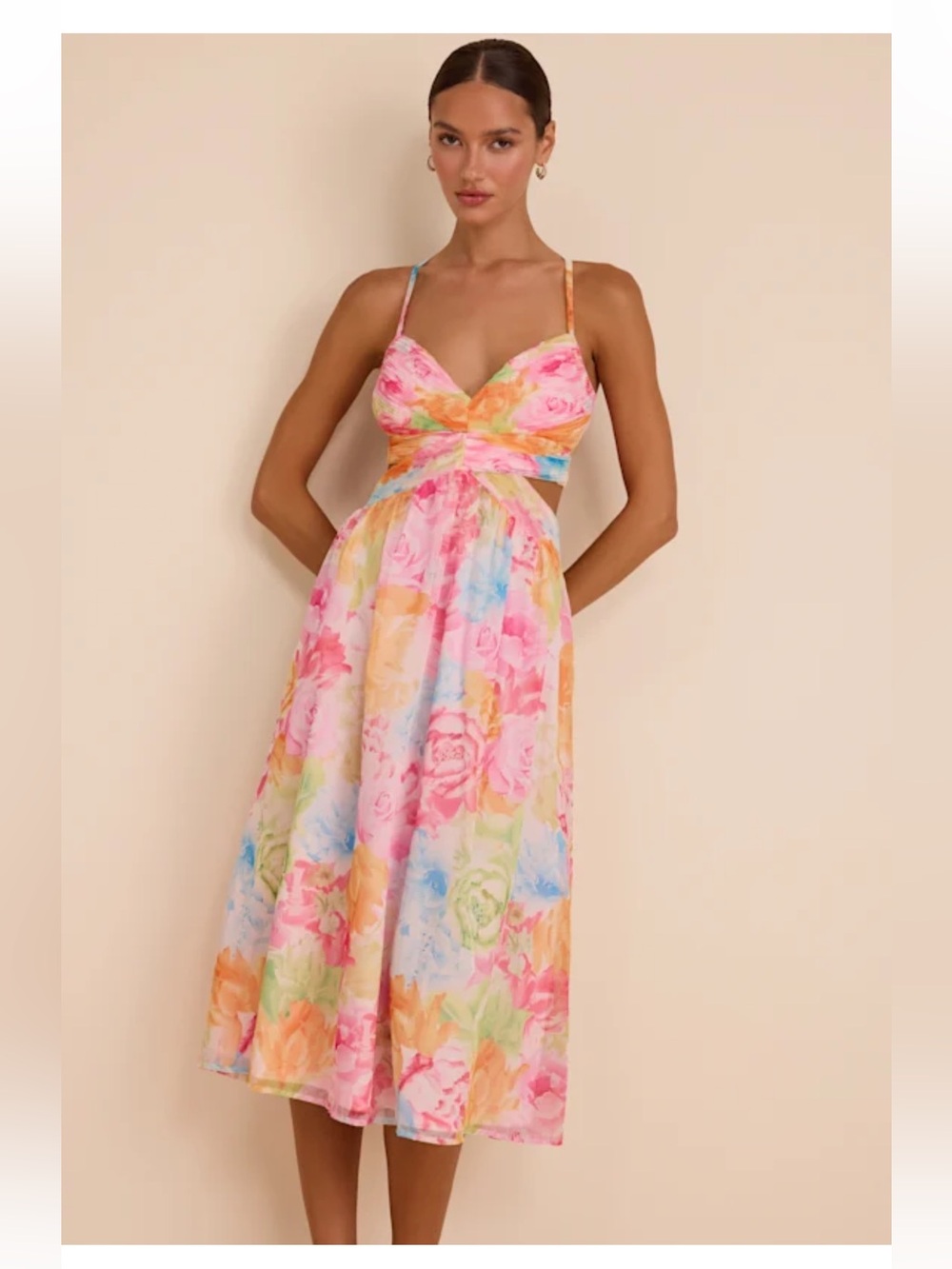 Lulus Ettalie Pink Multi Floral Lace-Up Midi Dress